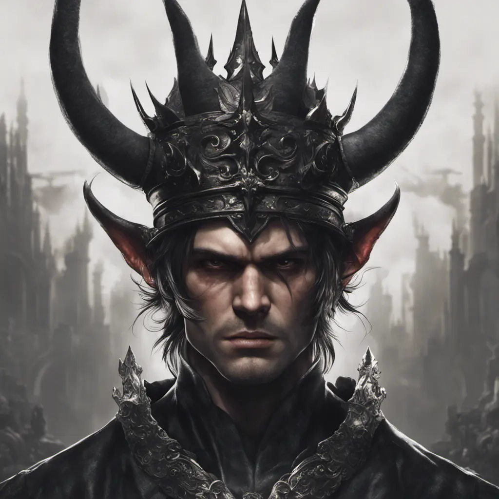 Head of a man with black hair wearing a horned crown, 4k resolution, Ultra Detailed, Closeup of Face, Gothic and Fantasy, Gothic, Horns, Large Eyes, Strong Jaw