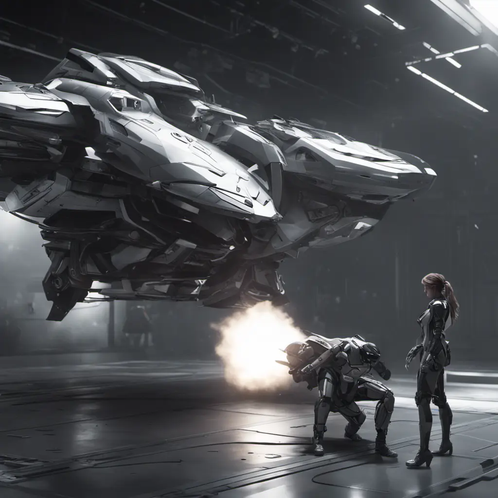 One with a spacecraft parked next to another, in the style of monochromatic compositions, dynamic action sequences, wlop, vray, silver and black, streamline elegance, hisui sugiura, Sci-Fi, Volumetric Lighting