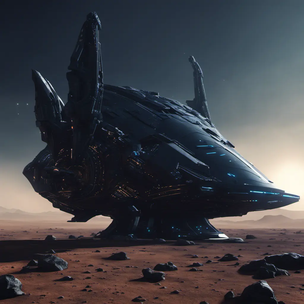 Entire black Spaceship, from side, in an alien planet with dark blue background, Highly Detailed, Unreal Engine