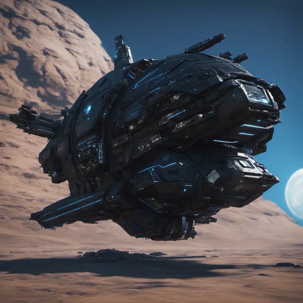 Entire black Spaceship, blue background, from side, Highly Detailed, Unreal Engine