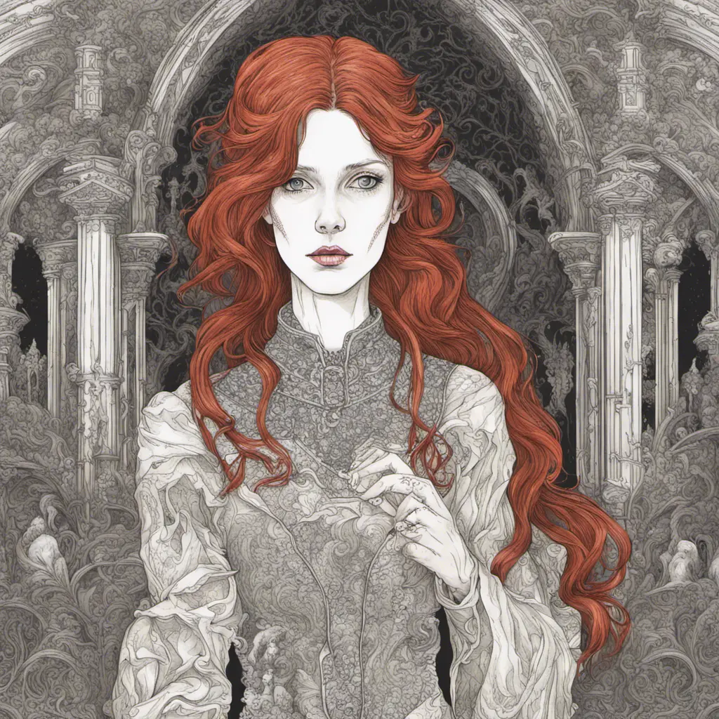 Woman with draconian traits and red hair in a haunted castle, Intricate Details, Fantasy