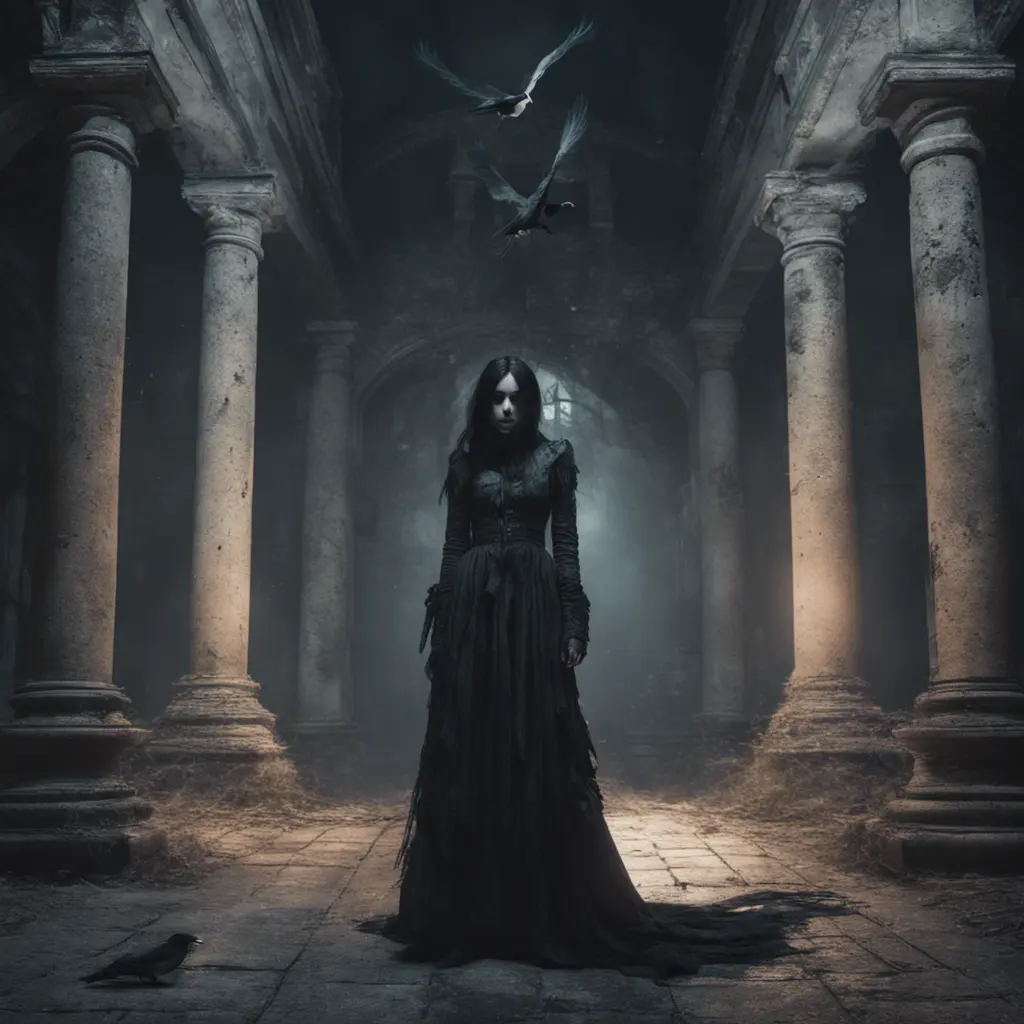 Female ghost with raven hair and black eyest in a creepy castle at night, 8k, Dystopian, Dark