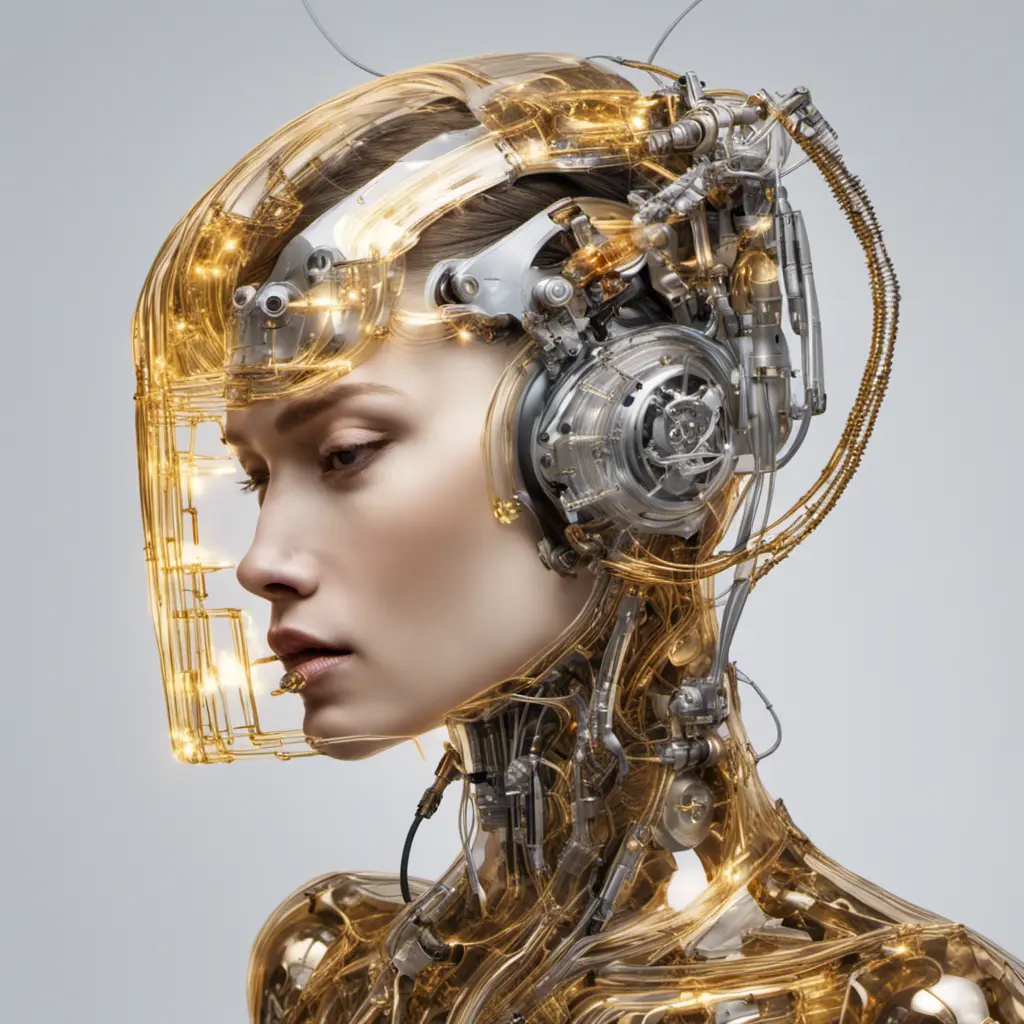 Profile Photography of a cyborg woman head without body, connected by cables and wires and LED, an attractive transparent gold plexiglass body punk PLC Robots with silver motor head, with ray guns, 80 degree view, Cybernatic and Sci-Fi by Salvador Dali, James Jean, Natalie Shau