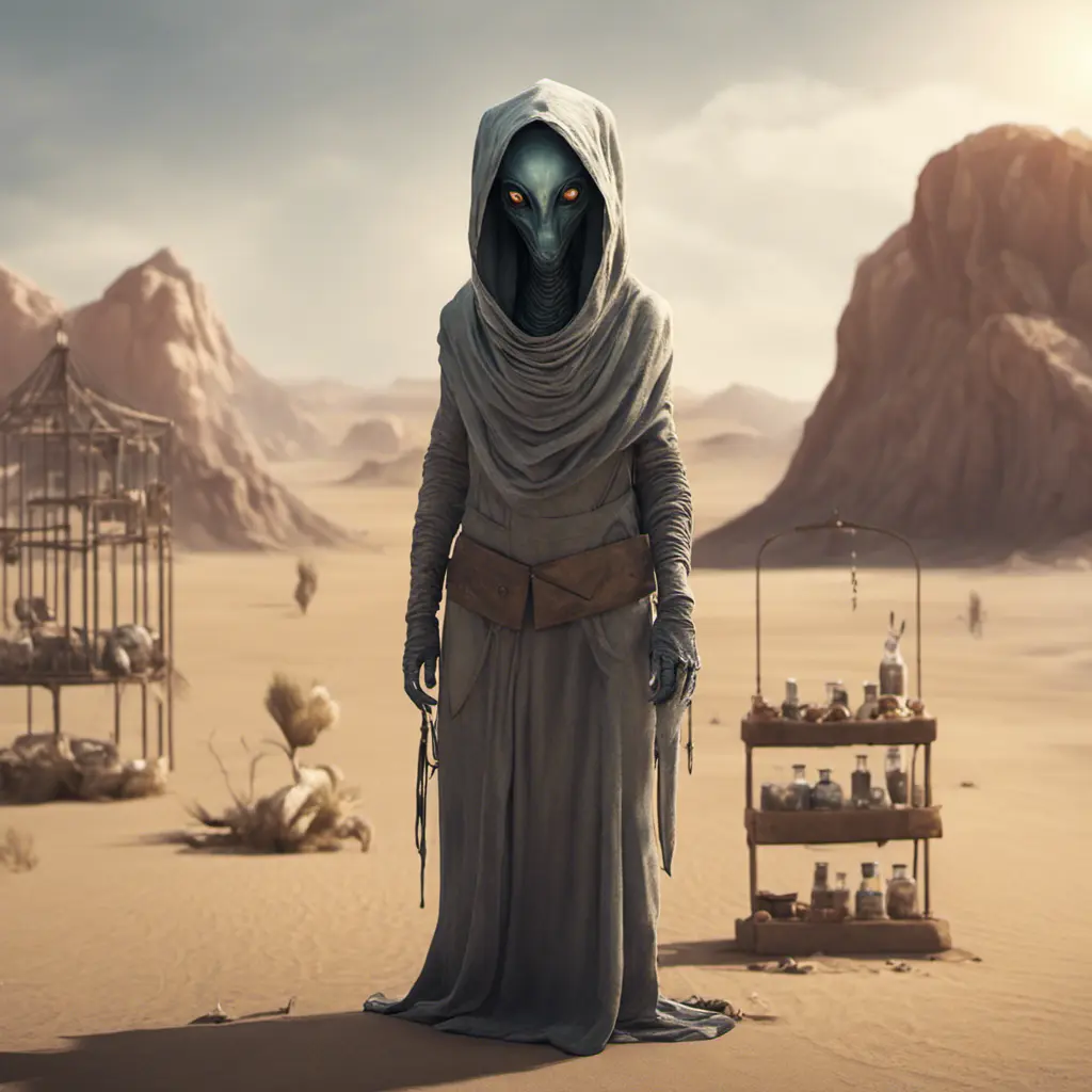 Very slim and tall female alien creature merchant on a desert un the market of a alien planet, suspicious look, hooded, selling caged alien vermin, western shot, Hyper Realistic