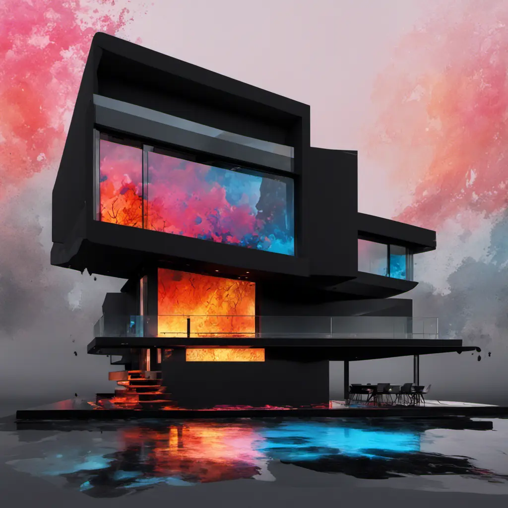 A modern home designed by Zara Hadid, Black Background, Fire and Ice, Splatter, Black Ink, Liquid Melting, Dreamy, Glowing, Glimmer, Shadows, 8k, Highly Detailed, Smooth, Vibrant Colors, Ominous