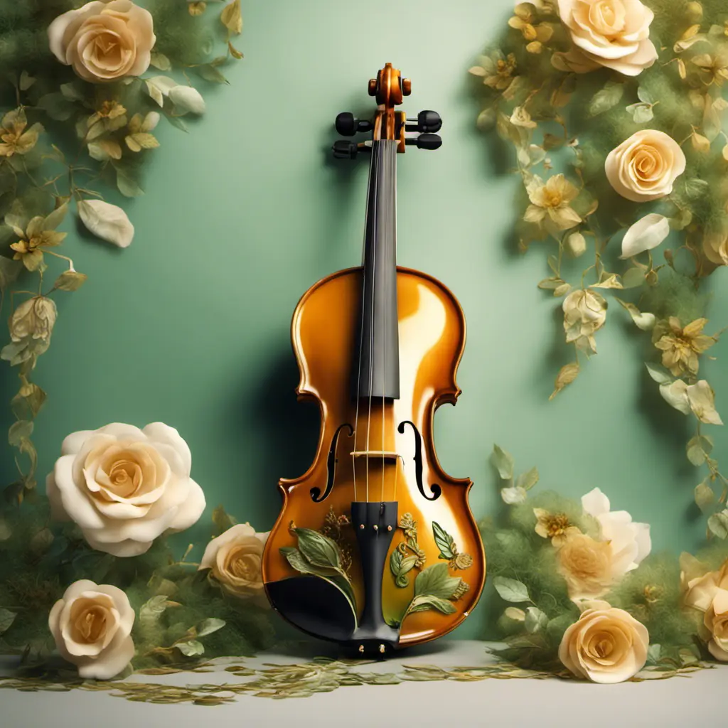 Vintage violin decorated all around with three-dimensional flowers and leaves in green and gold colors, beautiful and pleasant lighting, 8k, Intricate Details, Natural Light