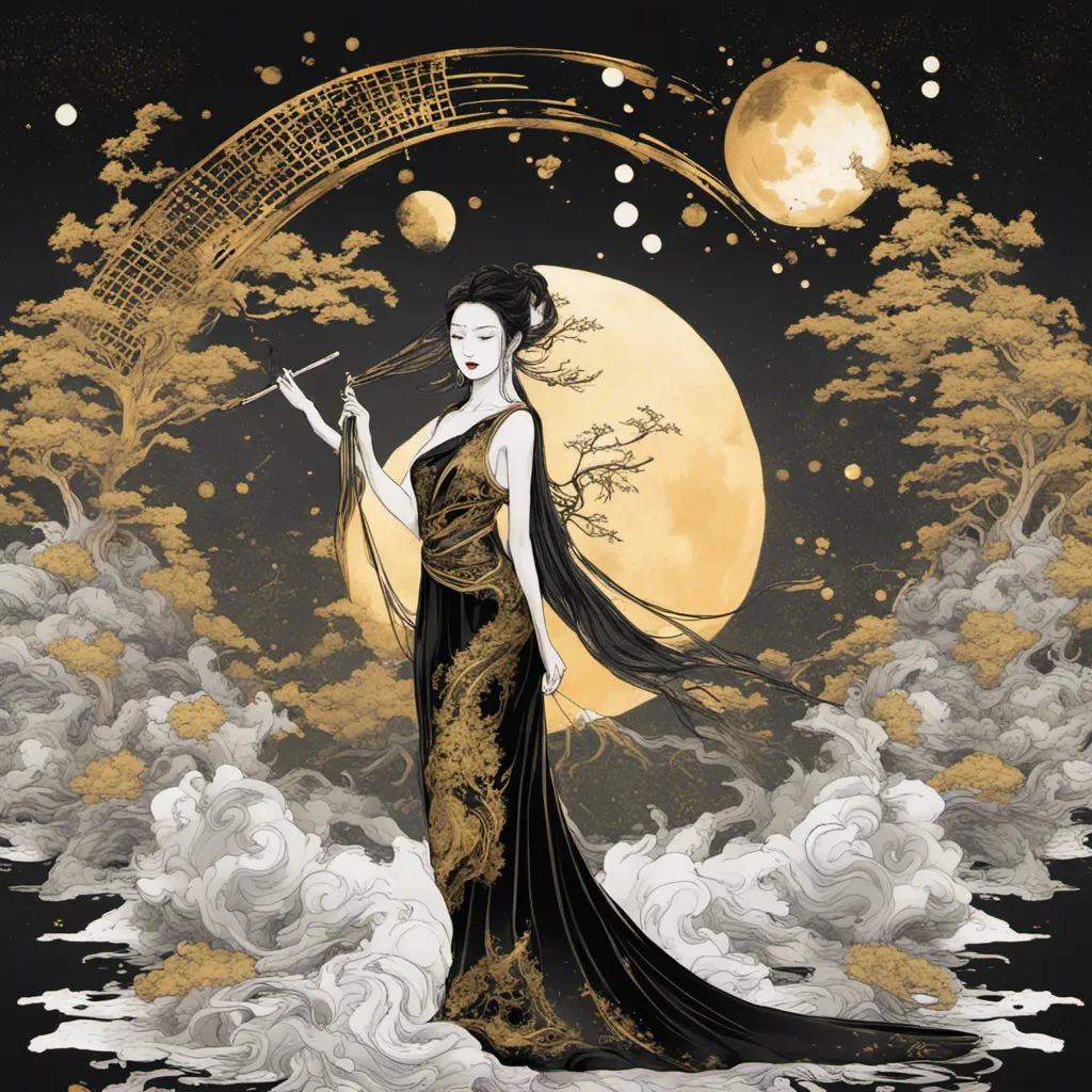 Full body back of an Asian goddess in a black dress with gold decorations. A dress with no flesh on the back, holding a fan in one hand. hyperdetailed eyes, Poster design, line art, a fantastically large moon background, ultra detailed artistic, detailed gorgeous face, natural skin, colour splash art, fire and ice, splatter, black ink, liquid melting, dreamy, glowing, glamour, glimmer, shadows, brush strokes, ominous, golden ratio, production cinematic character render, ultra high quality model, 8k, Highly Detailed, Intricate, Masterpiece, Oil on Canvas, Sharp Focus, Smooth, Unreal Engine, Glamour Shot, Vibrant Colors, Ominous