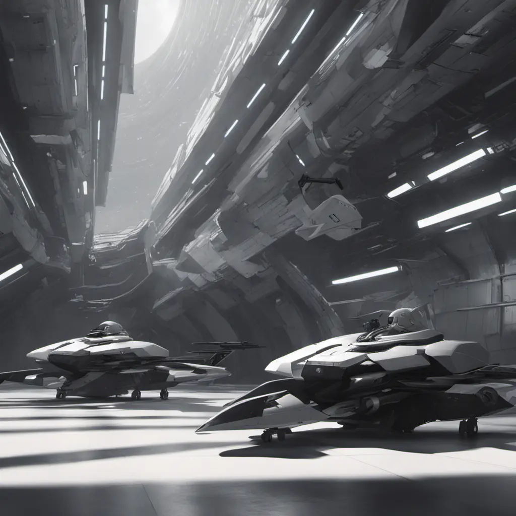 One with a spacecraft parked next to another, in the style of monochromatic compositions, dynamic action sequences, wlop, vray, silver and black, streamline elegance, hisui sugiura, Sci-Fi, Volumetric Lighting