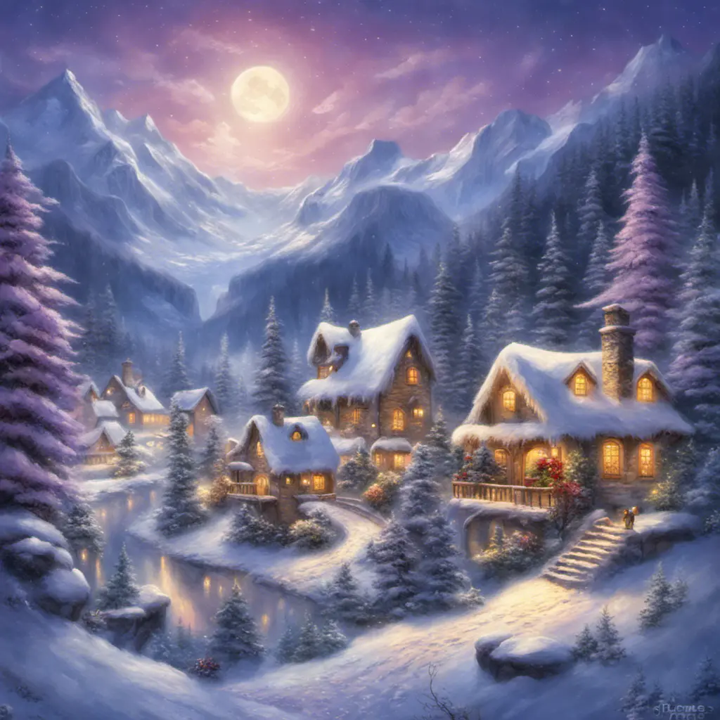 Charming fairy tale village, snow-covered decorated Christmas trees, warm inviting cabin, snowflakes, mountains with waterfall, soft light far-away full moon, glitter, stars, stardust, electric blue and purple sky, Digital Painting, Sharp Focus, Vibrant Colors, Hyper Realistic by Thomas Kinkade