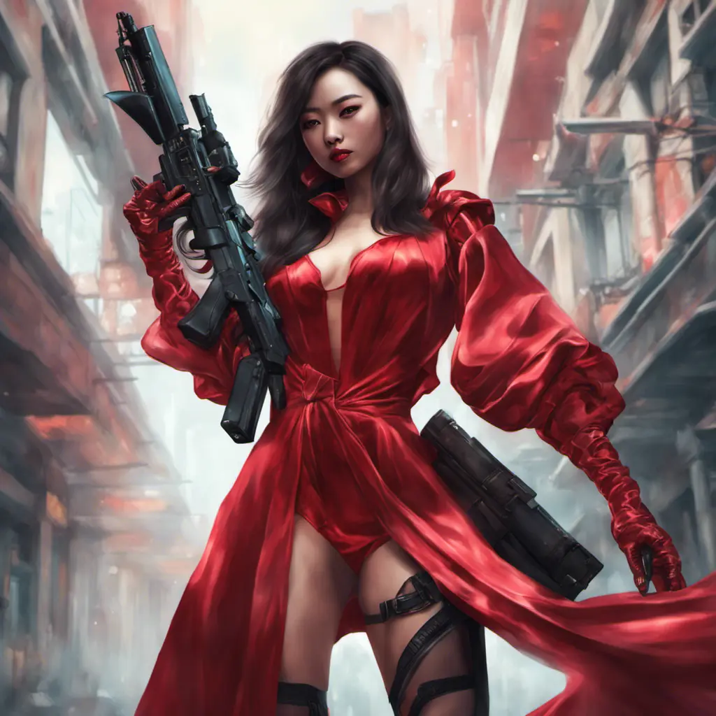 A dangerously armed asian feme fatale in silk red dress at a masquerade ball, Cyberpunk, Sci-Fi, Photo Realistic