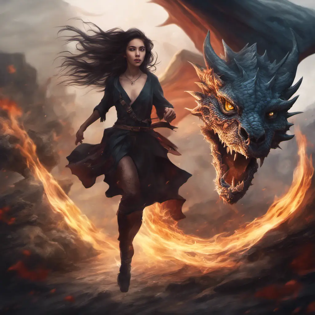 Beautiful sorceress girl running away from dragon, Gothic and Fantasy, Stunning, Digital Painting, Cinematic Lighting, Sharp Focus