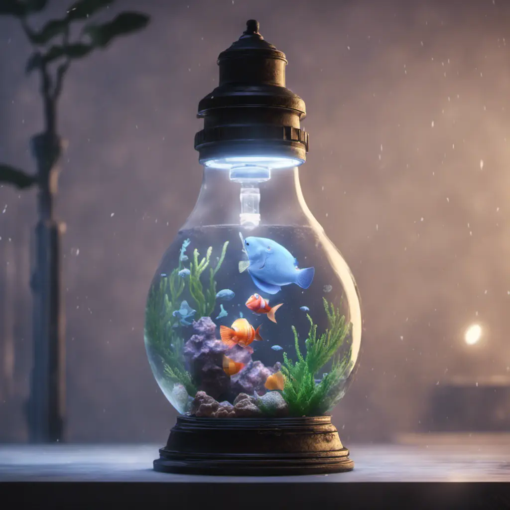 an aquarium with Ariel in a light bulb, perfect composition, 8k, HDR, Intricate Details, Masterpiece, Trending on Artstation, Epic, Cinematic Lighting, 3D Rendering, CryEngine, Unreal Engine, Dynamic Lighting