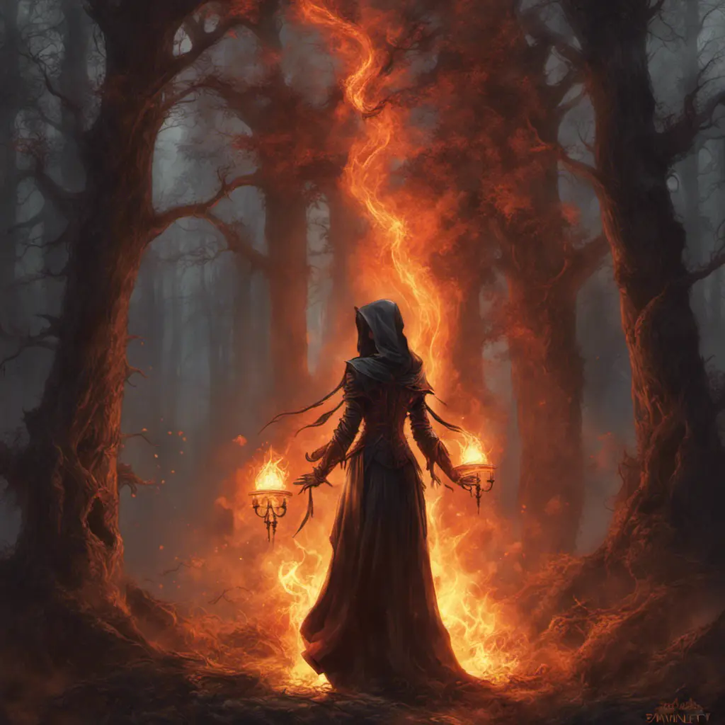 Fire mage in a haunted forest, Highly Detailed, Intricate, Gothic, Volumetric Lighting, Fantasy, Dark by Stanley Artgerm Lau