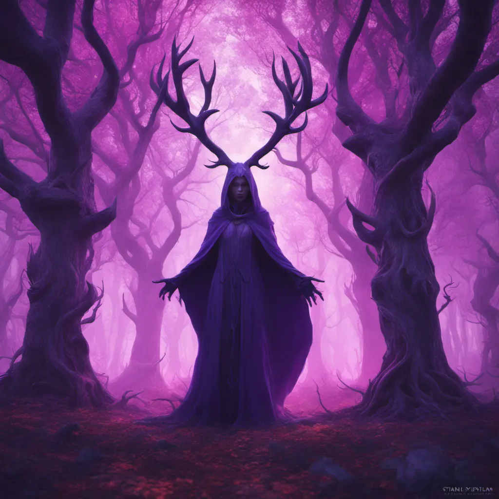 A mysterious witch cloaked with antlers in purple chaos energy, in a dark forest of salix trees, 8k, High Definition, Highly Detailed, Trending on Artstation, Darkwave, Epic, Isometric, Cinematic Lighting, Smooth, 3D Rendering, Octane Render, Vibrant Colors, Ominous by Stanley Artgerm Lau, Zdzislaw Beksinski, H. R. (Hans Ruedi) Giger