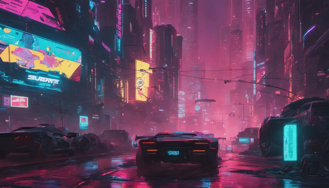 Neon city lights of Cyberpunk 2077, Highly Detailed, Intricate, Artstation, Beautiful, Digital Painting, Sharp Focus, Concept Art, Elegant