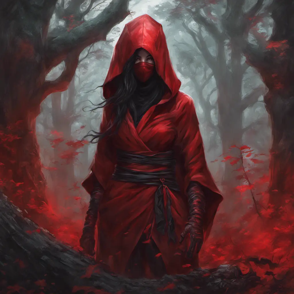 Red hooded female ninja in a haunted forest, Highly Detailed, Intricate, Gothic, Volumetric Lighting, Fantasy, Dark by Stanley Artgerm Lau