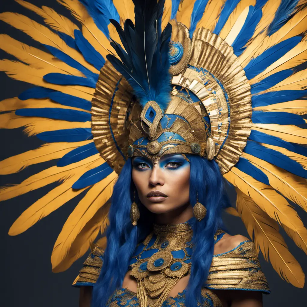 A tan skin Mayan queen all blue and gold elaborate outfit, with huge headpiece center piece, blue/gold makeup with oversized headdress with long bird feathers, with depth of field, fantastical edgy and regal themed outfit, Minimalism, Vibrant Colors, Fantasy