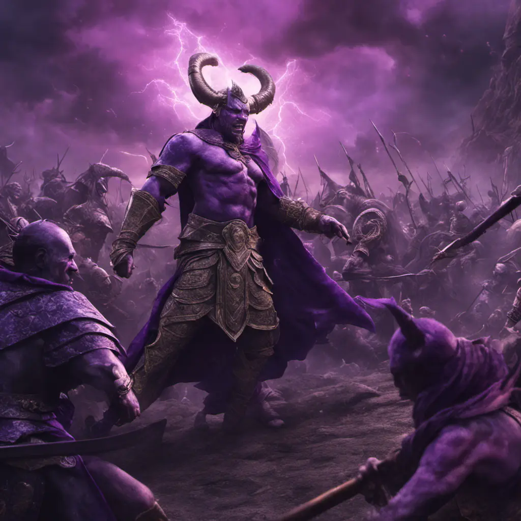 War in mystical realms; fantasy photorealistic rendering; ancient civilization;  valiant heroes vs ominous purple devil., 8k, Fantasy