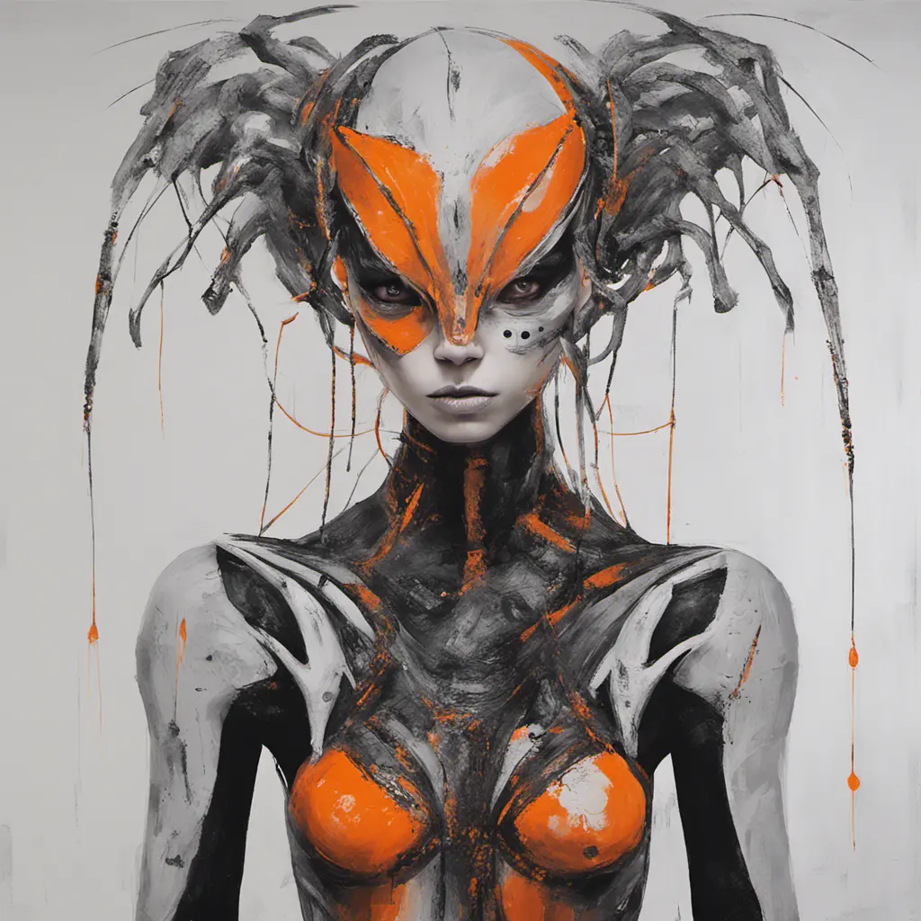 Ethereal minimalist Alien race cybergoth fashion photography painting, in the style of fluorecent orange  ,pearl_white  black  and silver , heavy use of palette knives, full body wide shot painting of teachment , Intricate, Sharp Focus, Concept Art