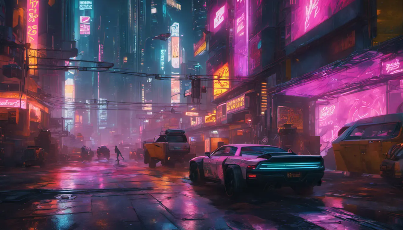 Neon city lights of Cyberpunk 2077, Highly Detailed, Intricate, Artstation, Beautiful, Digital Painting, Sharp Focus, Concept Art, Elegant