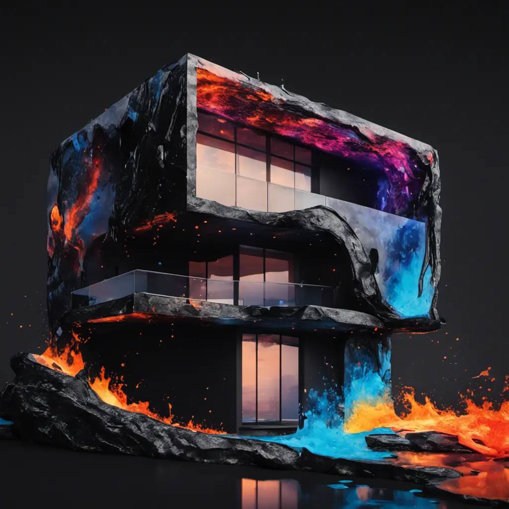 A modern home designed by Zara Hadid, Black Background, Fire and Ice, Splatter, Black Ink, Liquid Melting, Dreamy, Glowing, Glimmer, Shadows, 8k, Highly Detailed, Smooth, Vibrant Colors, Ominous