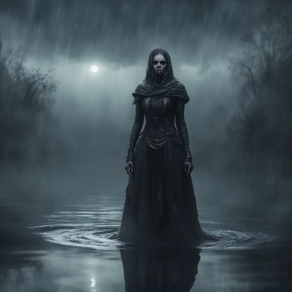 The frightening La Yorona with black eyes on her shoulder stands in a dark lake. Mist. Rain., 8k, HD, Gothic and Fantasy, Trending on Artstation, Sci-Fi, Soft Lighting