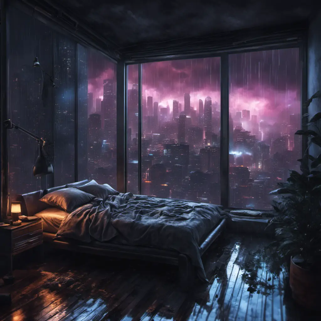 Beautiful cozy bedroom with floor to ceiling glass windows overlooking a cyberpunk city at night, thunderstorm outside with torrential rain, High Resolution, Highly Detailed, Darkwave, Gloomy