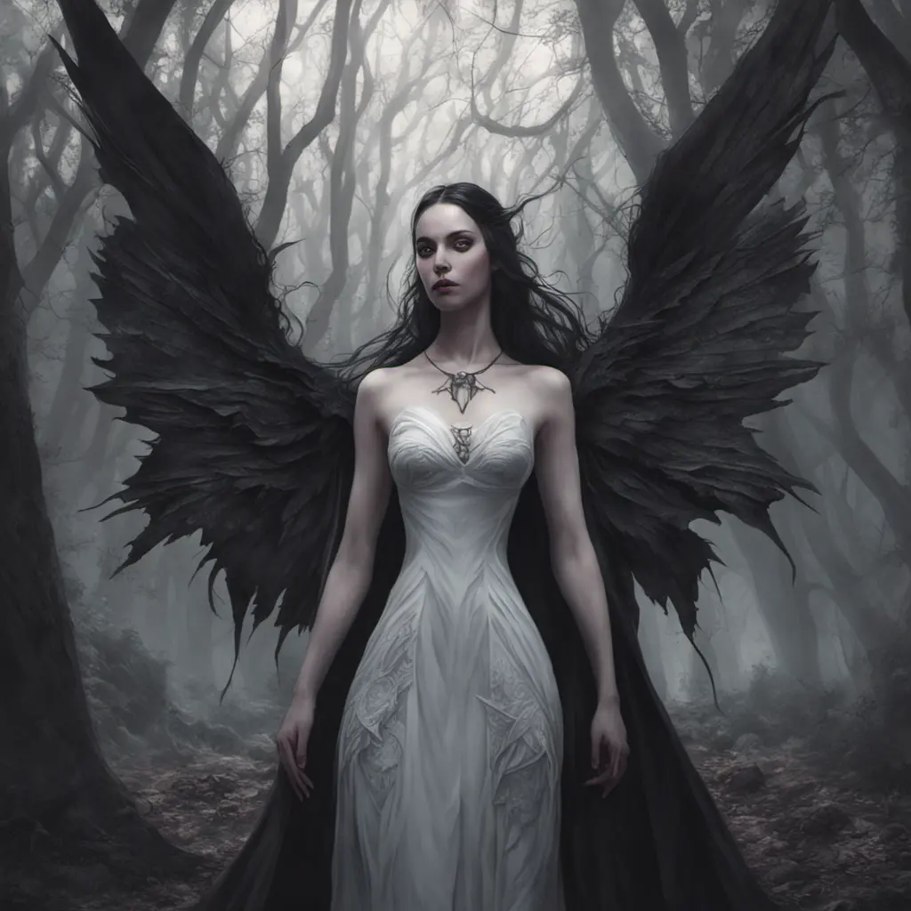 Winged vampiress in a haunted forest, Highly Detailed, Intricate, Gothic, Volumetric Lighting, Fantasy, Dark by Stanley Artgerm Lau