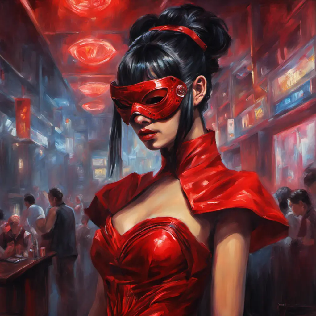 Asian cyberpunk feme fatale in expensive red dress with mask at a masquerade ball smart but dangerous in a high-tech club., Oil on Canvas, Photo Realistic