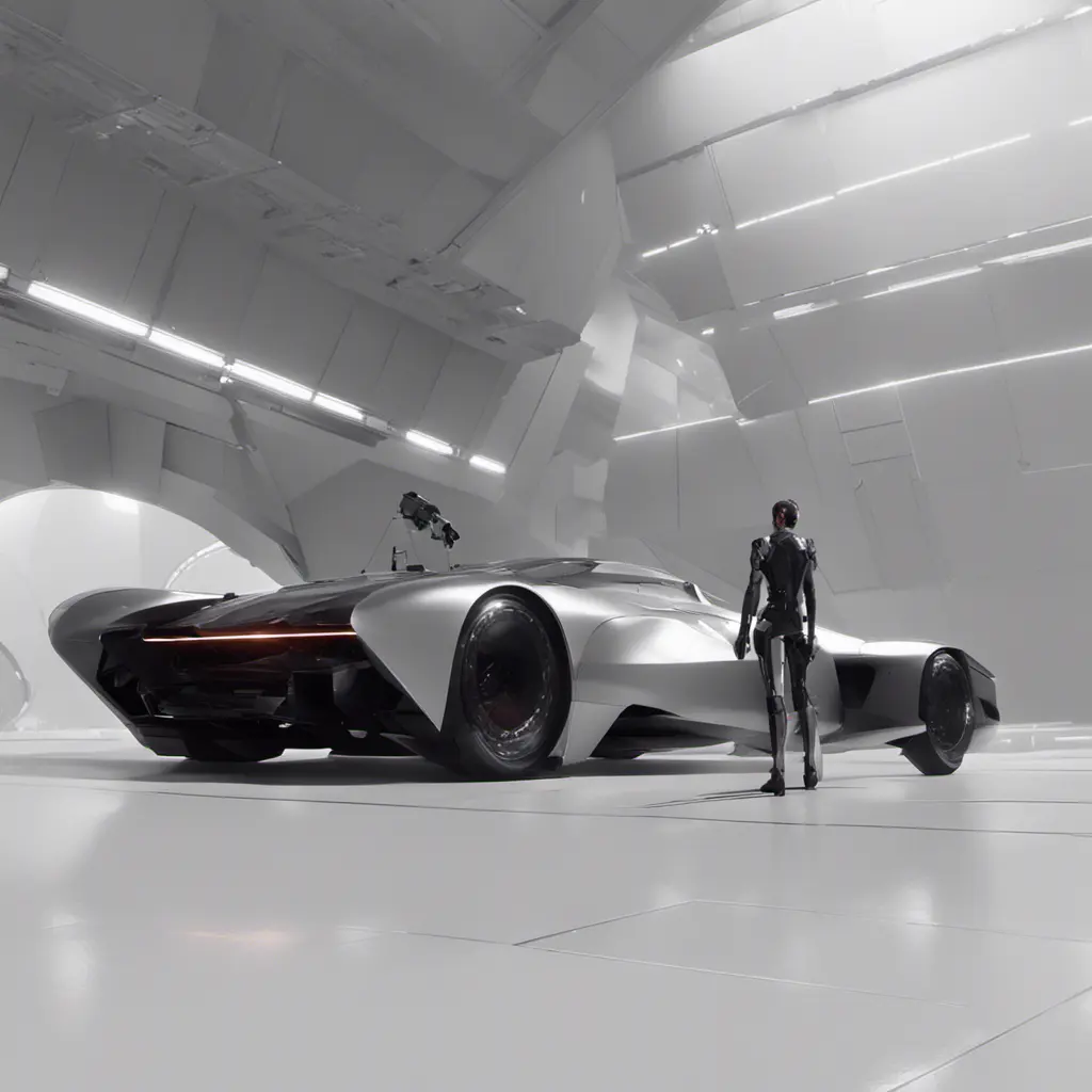 One with a spacecraft parked next to another, in the style of monochromatic compositions, dynamic action sequences, wlop, vray, silver and black, streamline elegance, hisui sugiura, Sci-Fi, Volumetric Lighting