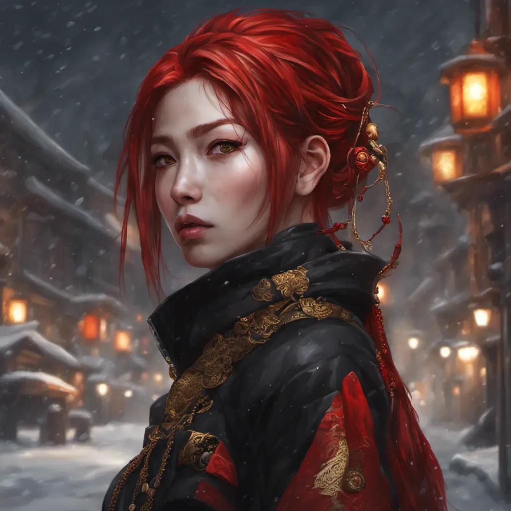 Mysterious beautiful kunoichi ninja wearing black, red, and gold jewelry in the streets of a dark snowy town in russia, 8k, Intricate Details, Trending on Artstation, Red Hair by Stanley Artgerm Lau, WLOP