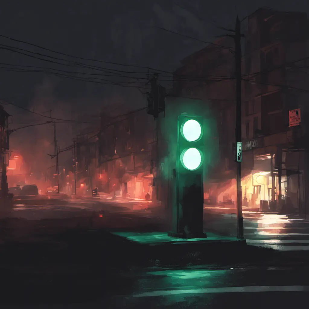 A simple bright trafficlight at a street corner at night, Dystopian, Digital Painting, Dark