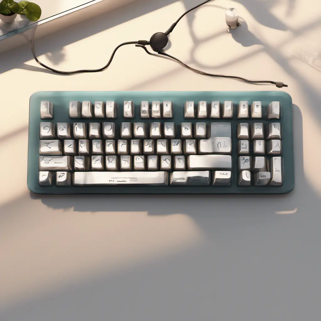 A translucent keyboard, designed by Charles Eames. mid-century modern design inspiration. Beautiful natural lighting, on desk., 8k, Intricate Details, Trending on Artstation, Sci-Fi, Unreal Engine, Volumetric Lighting