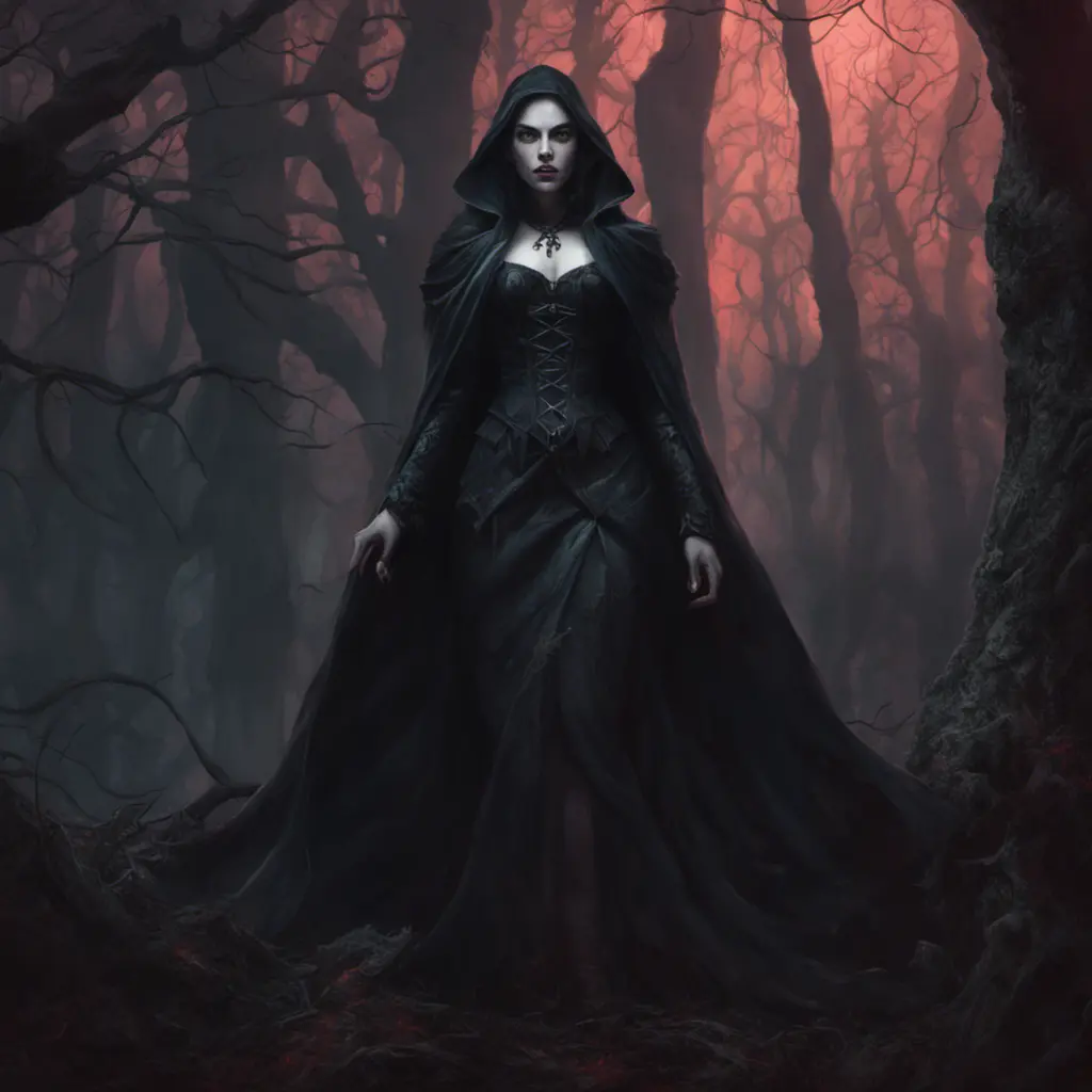 Female dracula in a haunted forest, Highly Detailed, Intricate, Gothic, Volumetric Lighting, Fantasy, Dark by Stanley Artgerm Lau