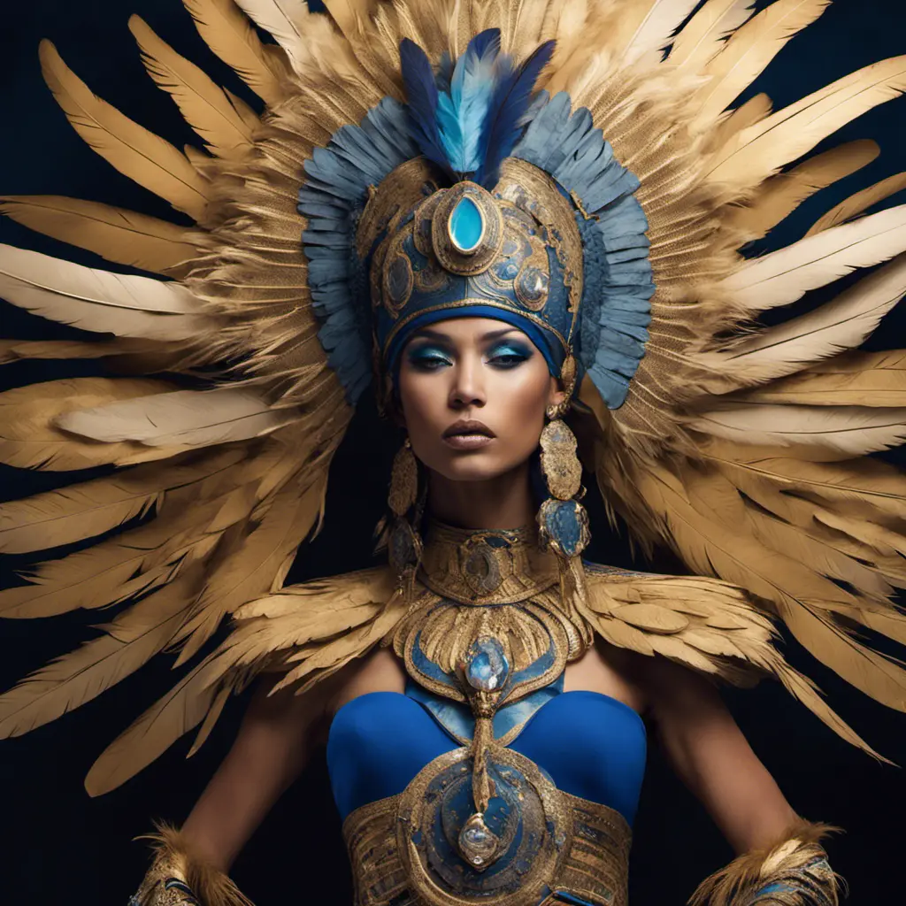 A tan skin Mayan queen all blue and gold elaborate outfit, with huge headpiece center piece, blue/gold makeup with oversized headdress with long bird feathers, with depth of field, fantastical edgy and regal themed outfit, Minimalism, Vibrant Colors, Fantasy