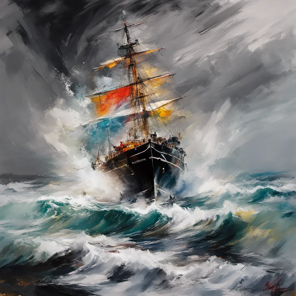 Seascape, ship on the high seas, storm, high waves, colored ink , Stunning, Stormy Day, Volumetric light effect, Grayscale, Vibrant Colors by Michael Garmash, Loui Jover