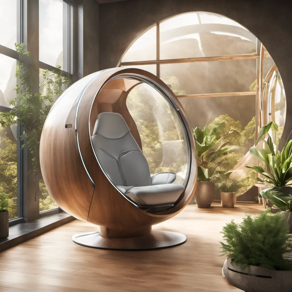 Futuristic sci-fi pod chair, Flat Design, Product-View, transparent orb, product photography, plants, natural wooden environment, 8k, Sci-Fi, Natural Light