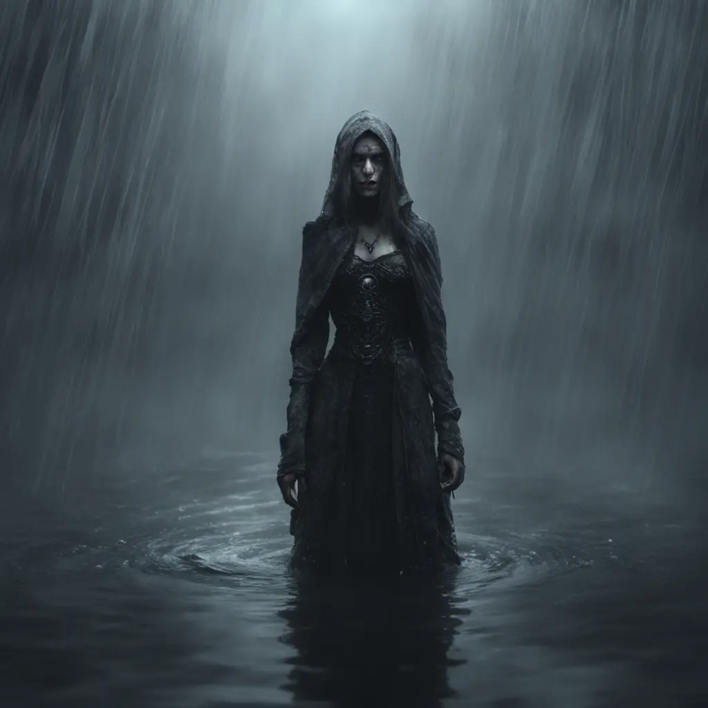 The frightening La Yorona with black eyes on her shoulder stands in a dark lake. Mist. Rain., 8k, HD, Gothic and Fantasy, Trending on Artstation, Sci-Fi, Soft Lighting