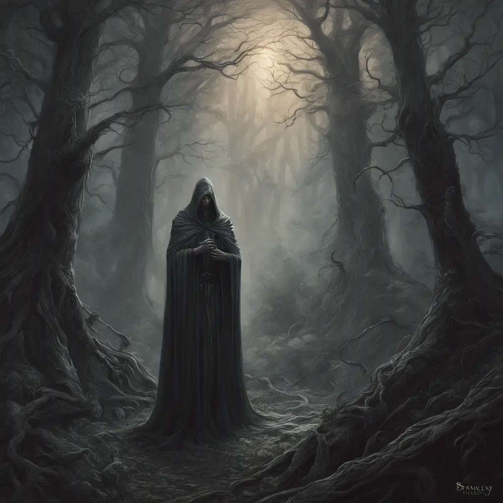 Elden ring wraith in a haunted forest, Highly Detailed, Intricate, Gothic, Volumetric Lighting, Fantasy, Dark by Stanley Artgerm Lau