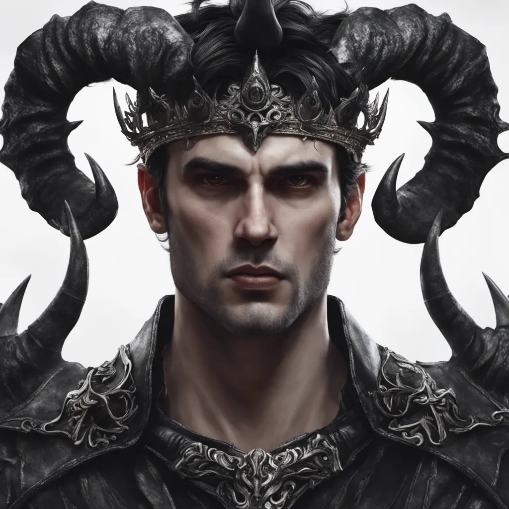 Head of a man with black hair wearing a horned crown, 4k resolution, Ultra Detailed, Closeup of Face, Gothic and Fantasy, Gothic, Horns, Large Eyes, Strong Jaw