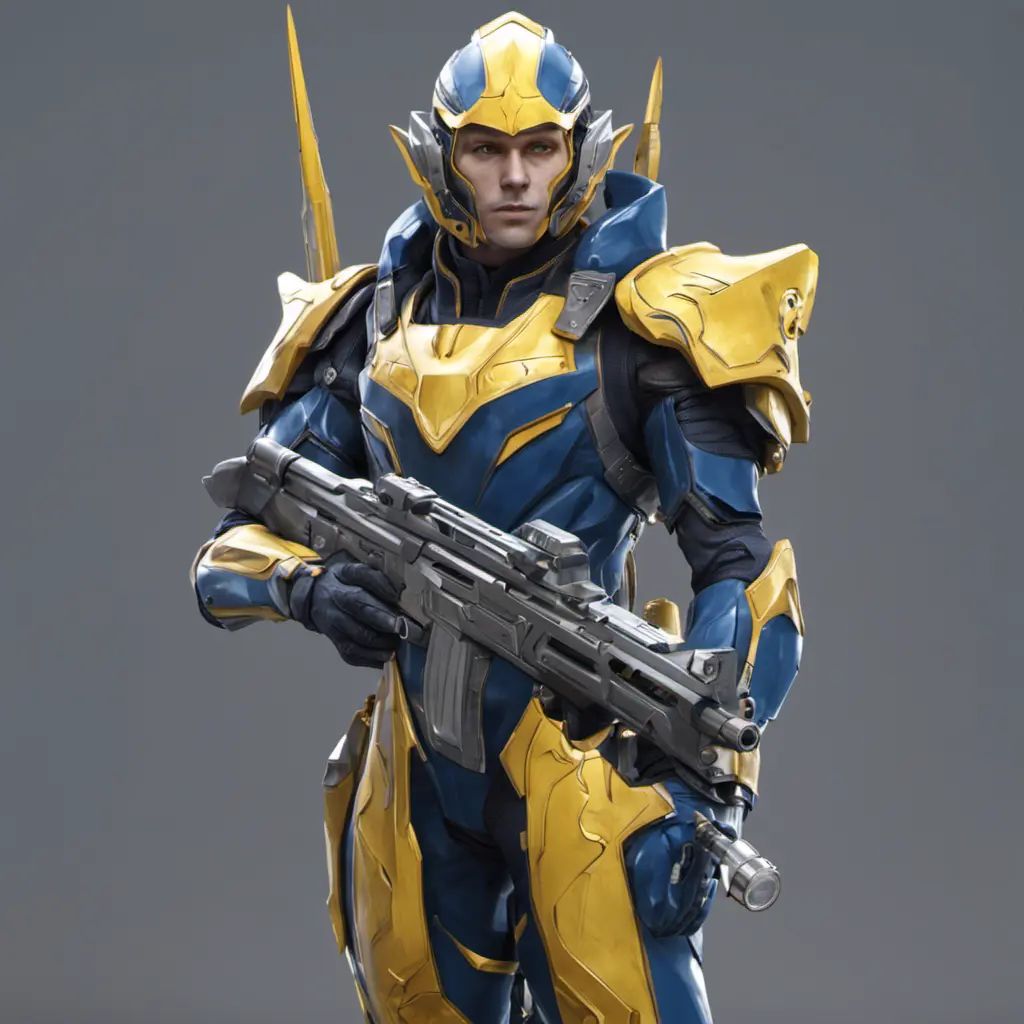 Full body of a high elf sci fi soldier wearing heavy sci fi elven armor, navy blue and yellow and white armor and helmet, visor, boots, male, holding a light machine gun, 8k, Sci-Fi, Fantasy