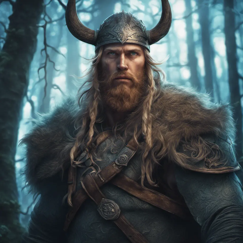 Closeup of a beautiful viking in a magical forest, 4k, Highly Detailed, Masterpiece, Pretty Face, Digital Illustration, Cinematic Lighting, Realistic, Sharp Focus, Centered, Beautifully Lit, Bioluminescent by Stanley Artgerm Lau