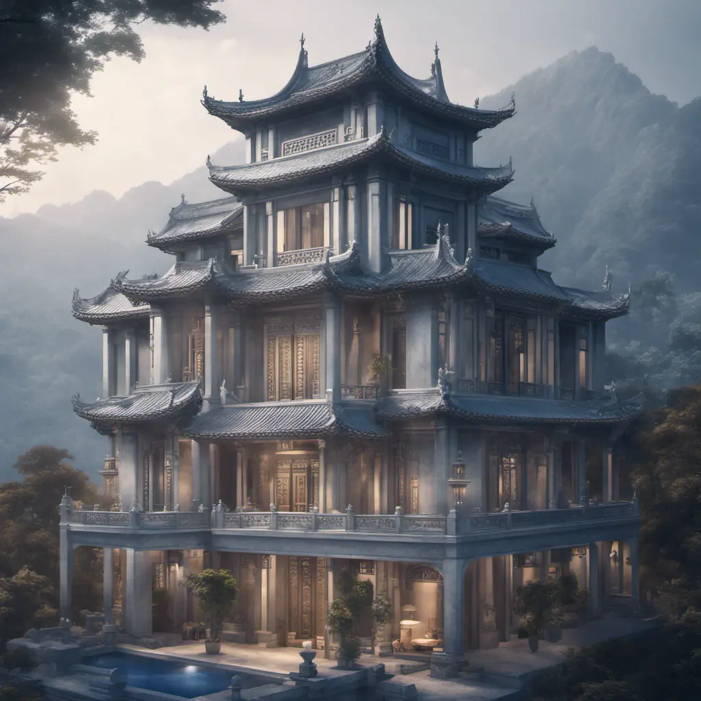 A gorgeous Chinese - style high - rise villa stands in the valley, luxurious majestic silver - grey blue antique palace, 8k, HD, High Definition, Soft Lighting