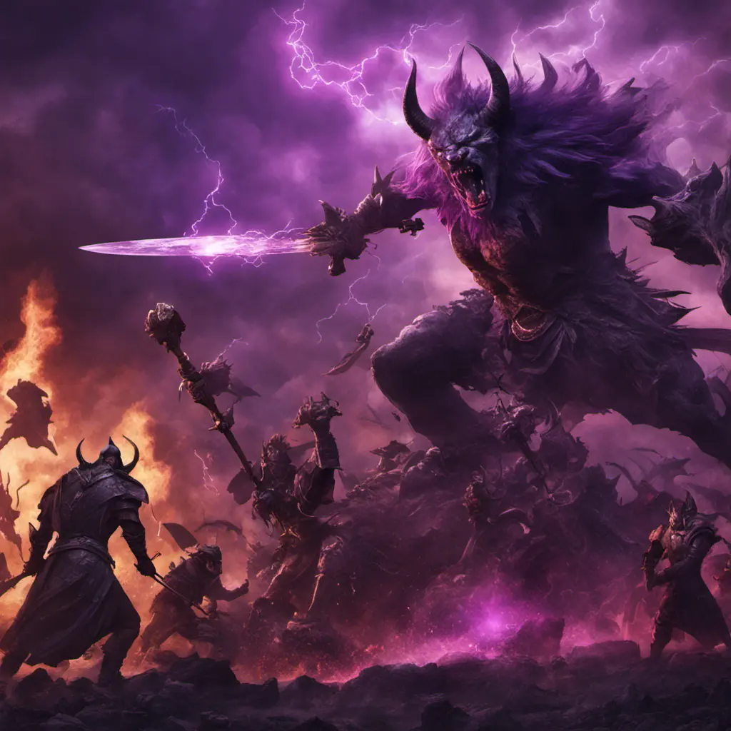 War in mystical realms; fantasy photorealistic rendering; ancient civilization;  valiant heroes vs ominous purple devil., 8k, Fantasy