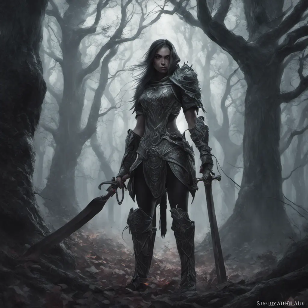 Female warrior in a haunted forest, Highly Detailed, Intricate, Gothic, Volumetric Lighting, Fantasy, Dark by Stanley Artgerm Lau