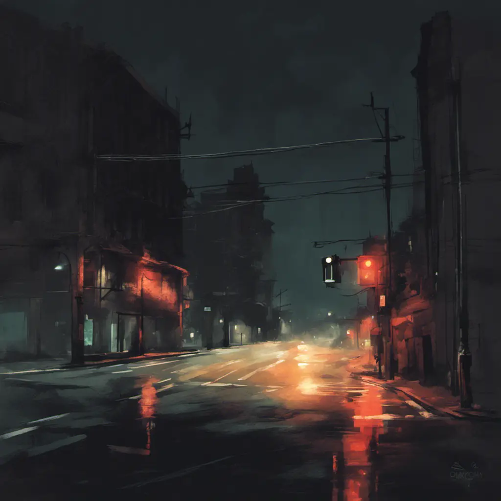 A simple bright trafficlight at a street corner at night, Dystopian, Digital Painting, Dark