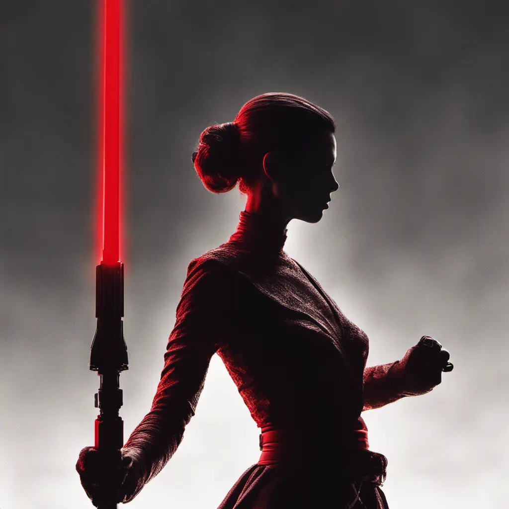 Portrait of a silhouette star wars figure in her red lightsaber, in the style of evocative environmental portraits, dark, red, Sci-Fi, Volumetric Lighting