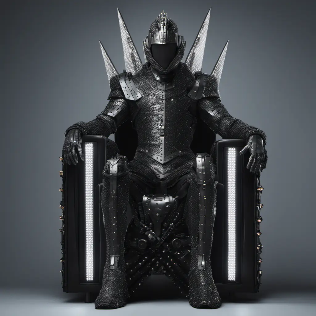 An ultrarrealistic distant   photograph of a futuristic medieval  king style  power suit, made of black mate  metal and polymer, full crystal hull, for a man, visible wires,  sitting in a throne, 8k, Dystopian, Elegant