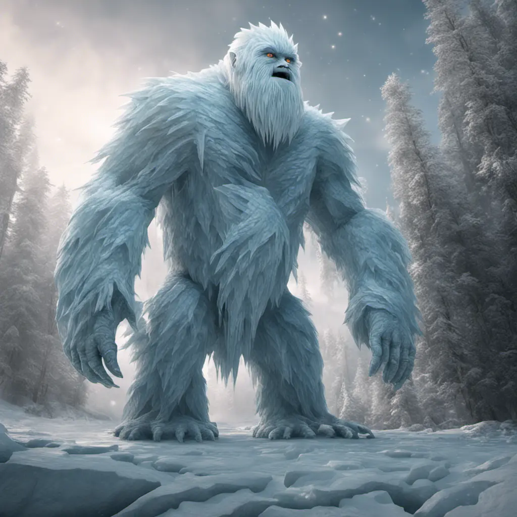 The Glacial Yeti is a towering ice creature that glistens with frost. Watch as ice crystals form and shatter realistically as it moves through its frigid habitat, 8k