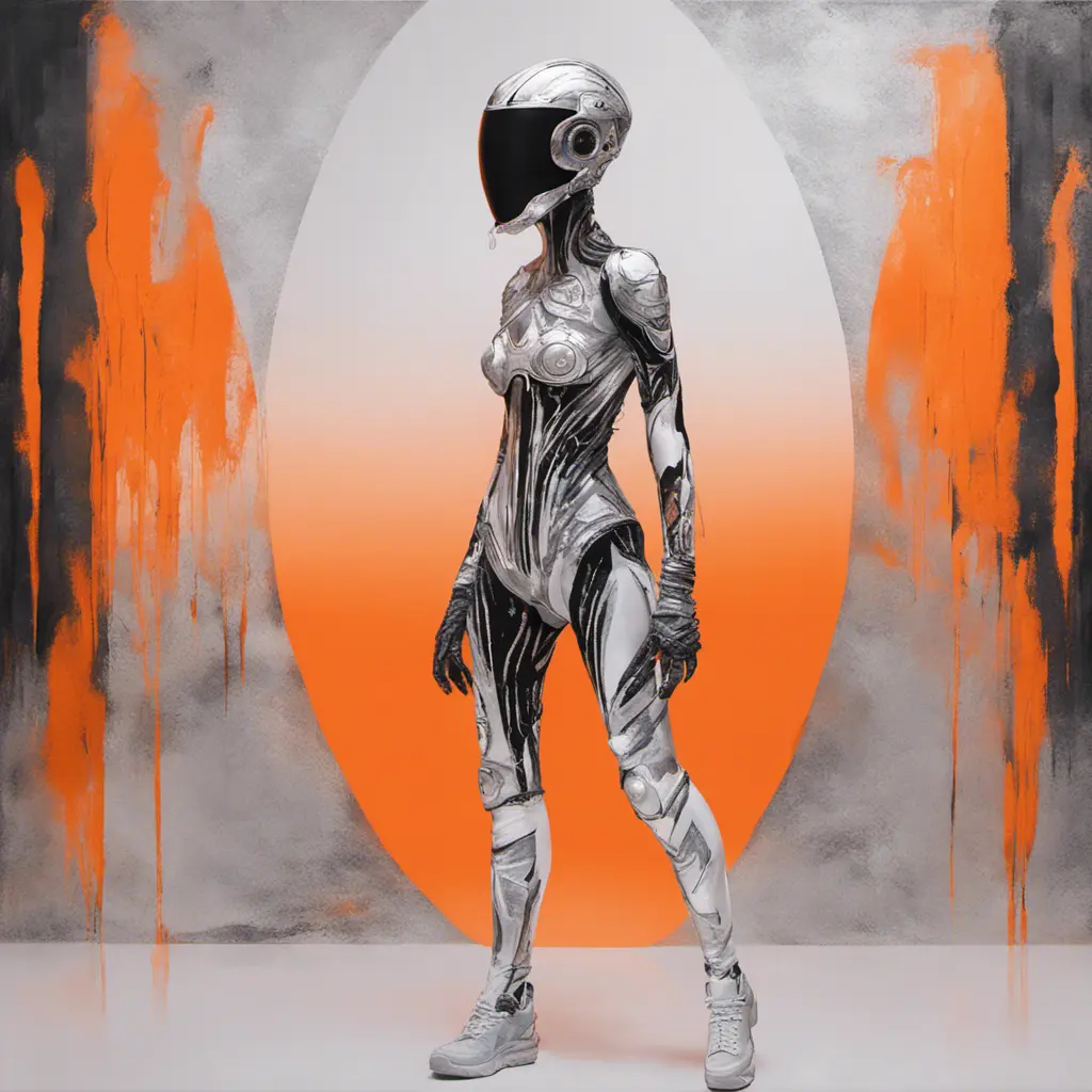 Ethereal minimalist Alien race cybergoth fashion photography painting, in the style of fluorecent orange  ,pearl_white  black  and silver , heavy use of palette knives, full body wide shot painting of teachment , Intricate, Sharp Focus, Concept Art